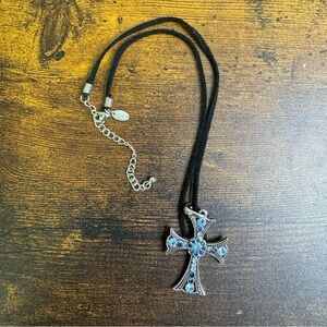 Lia Sophia Retired DIVINITY Cross Necklace Blue Rhinestone Black Cord 16-19”